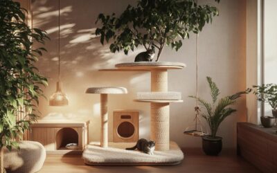 Arbre a chat cocooning : alliance parfaite entre velours et bois precieux