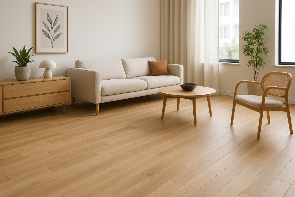 Parquet à clipser massif posé dans un salon moderne